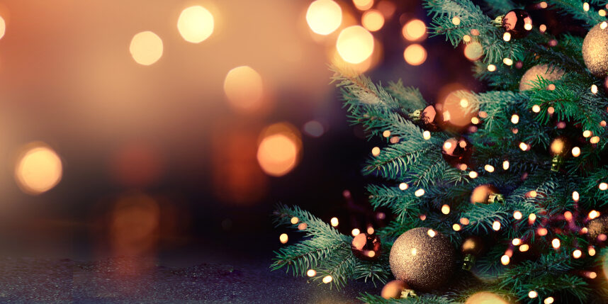 Decorated,Christmas,Tree,On,Blurred,Background.